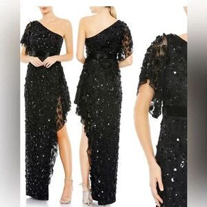 Mac Duggal Sequin‎ Asymmetrical One Shoulder Black Maxi Slit Dress Size 6 NWT
